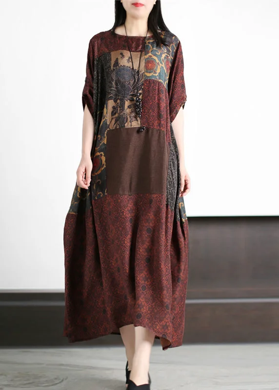 Fashion Forward Retro Dark Red Patchwork Print Cozy Silk Maxi Dresses Summer