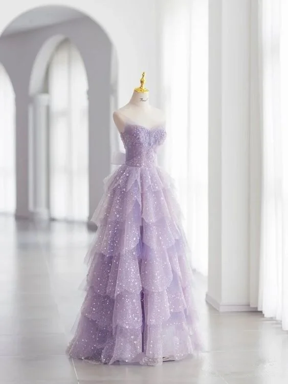 Huge Discounts This Week Shiny Strapless A-Line Tulle Tiered Lilac Long Formal Gown Party Dress MD7442