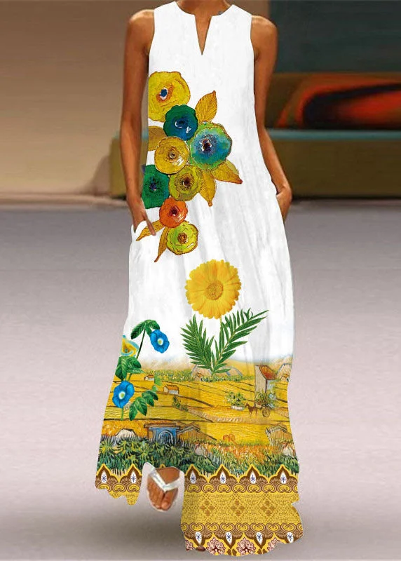 Bold Fashion Bohemian Yellow V Neck Print Chiffon Maxi Dress Sleeveless