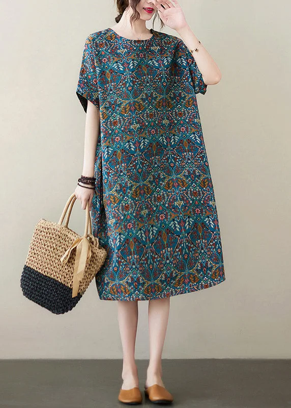 Your Timeless Wardrobe Awaits Organic Blue O-Neck Print Cotton Maxi Dresses Summer