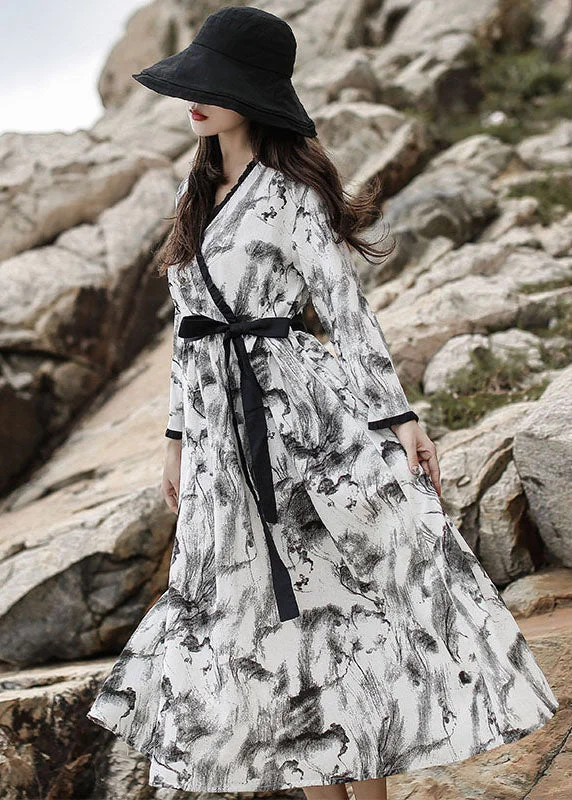 Trendy Threads diy White V Neck Ruffled Print Maxi Dress Long Sleeve