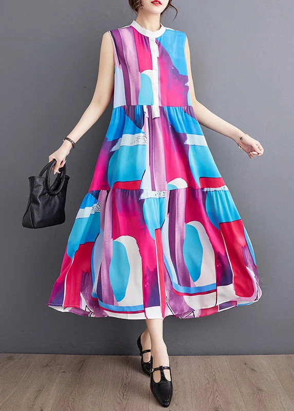 All Season Fashion Collection French Blue O-Neck Print Patchwork Wrinkled Chiffon Maxi Dresses Summer