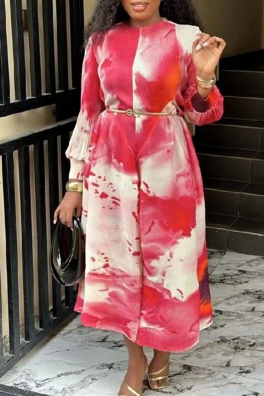 Casual Elegance Watercolor Print Stylish Pleated Midi Dress