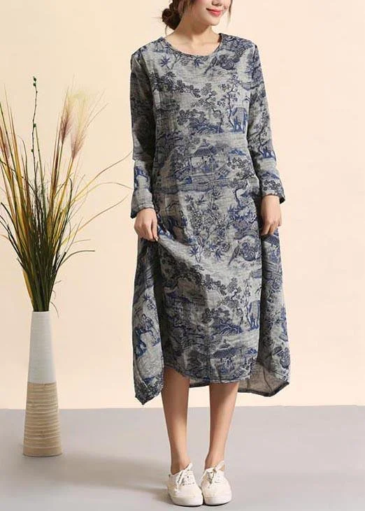 Latest Fashion Beautiful Navy Print Quilting Dresses O Neck Pockets Maxi Dresses