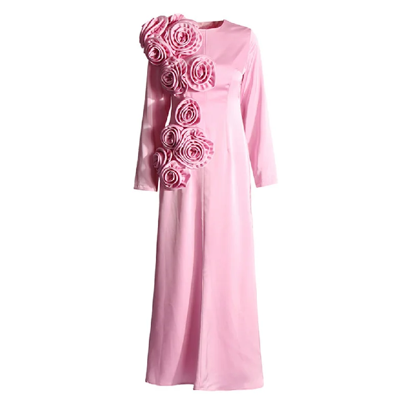 Exquisite Craftsmanship Blooming Rosette Crew Neck Long Sleeves Satin Fishtail Gown Maxi Dress