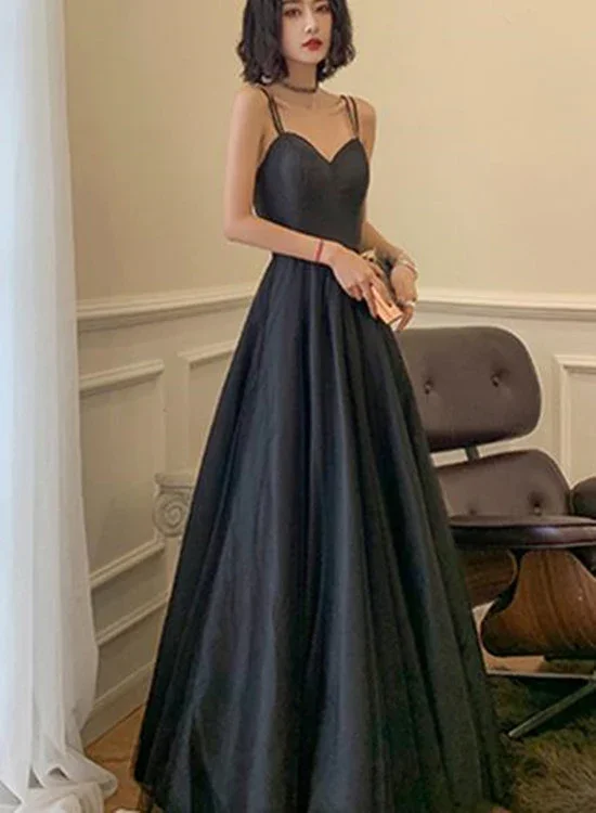 Luxury Style Beautiful Black Straps Tulle With Satin Long Party Dress, Black Evening Dress gh340