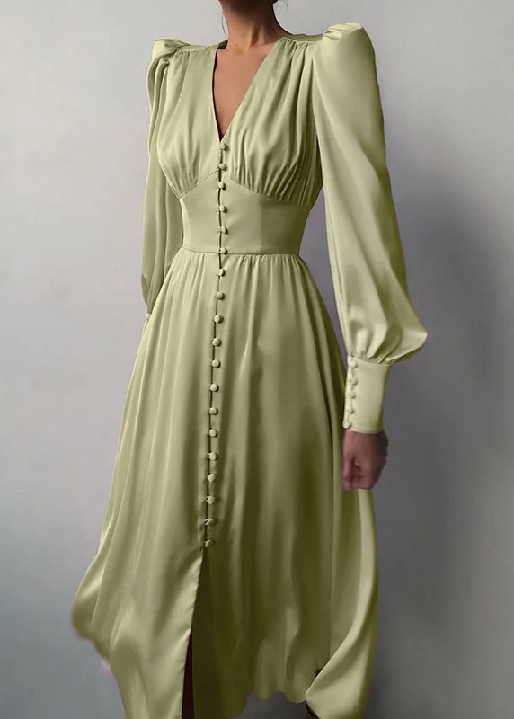 Discover Now Slim Fit Green V Neck Wrinkled Silk Maxi Dress Puff Sleeve