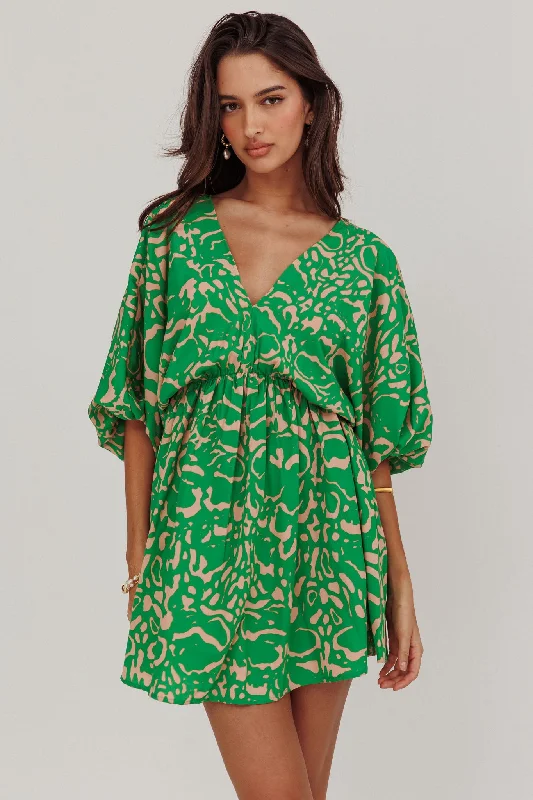 Classic Timeless Elegant Style Sugar Coat Print Puff Sleeves Mini Dress Green