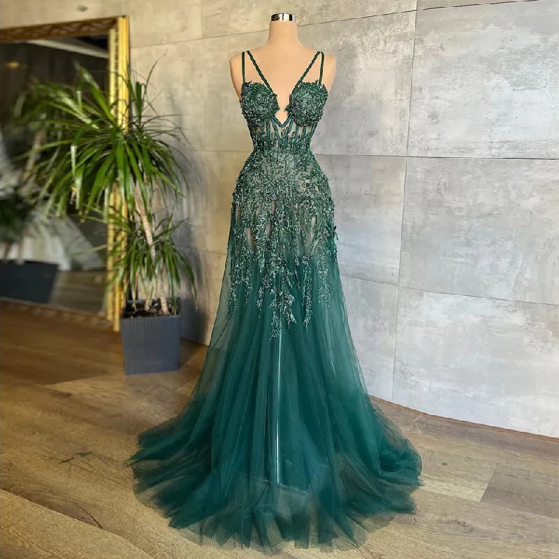 Trend Forward Threads For Her Elegant Green A Line Evening Dress 2022 New Appliques Beaded Long Prom Dresses Lace Up Spaghetti Straps Formal Occasion Gowns,MD7072