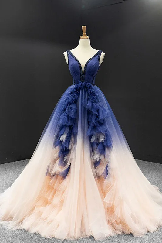 Stay Ahead In Style Gradient Blue V-Neck Ball Gown Prom Dress, Princess Quinceanera Dress MD7223