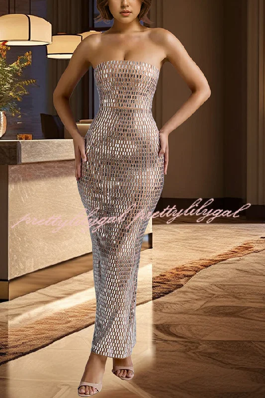 Limited - Time Bundle Flash Sculpture Rhinestone Embellished Bandeau Slit Stretch Maxi Dress