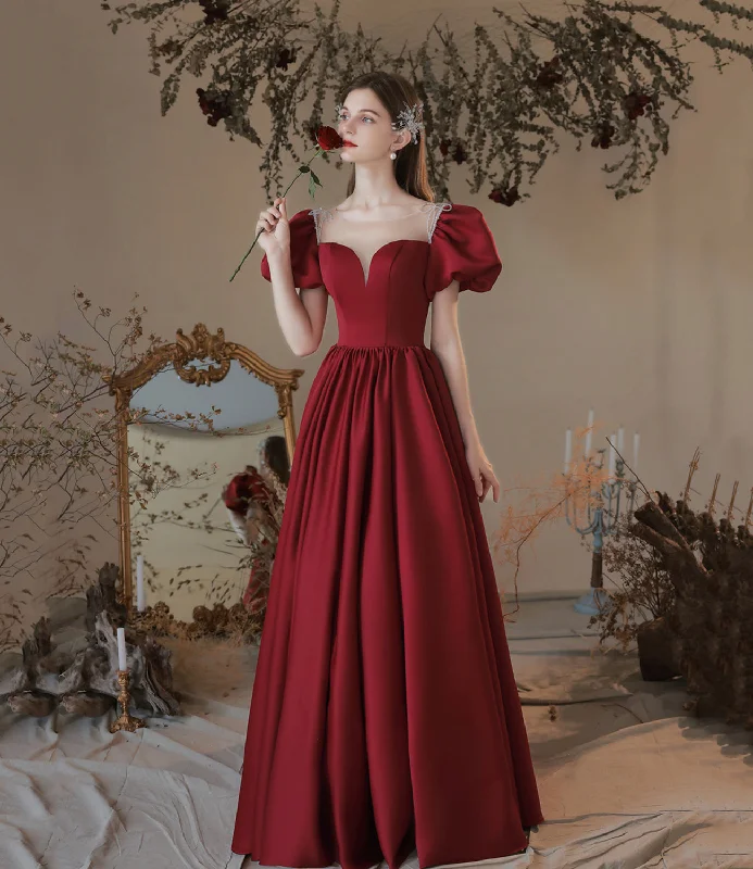 Y2K Nostalgic Fashion Look Burgundy satin long prom dress A line evening dress  10373