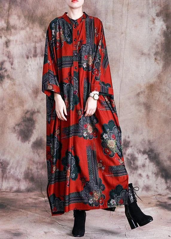 Luxe Layering Vivid stand collar cotton Tunics Work Outfits red print Maxi Dress fall