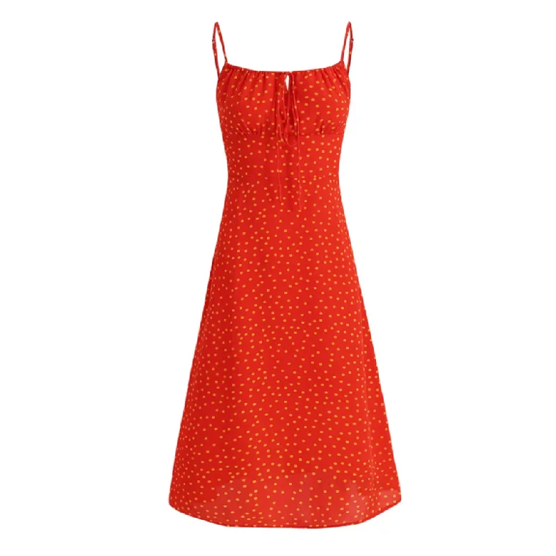 Luxe Layering Sexy Tie Neck Smocked Sleeveless A Line Polka Dot Print Midi Sundress