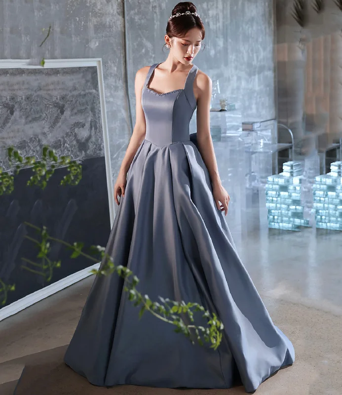 Classic Timeless Elegant Style Blue satin long prom dress A line evening dress  10442