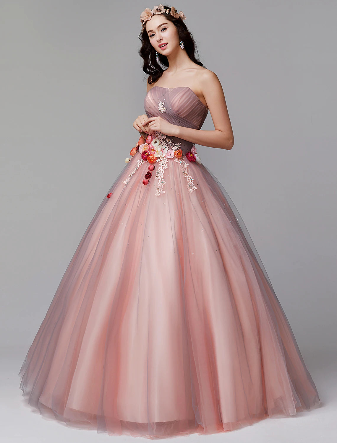 Limited Stock, Big Sale Ball Gown Evening Dress Strapless Sleeveless Floor Length Tulle Pleats Flower