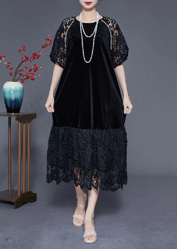 Luxury Fashion French Black Hollow Out Lace Patchwork Silk Velour Maxi Dresses Summer