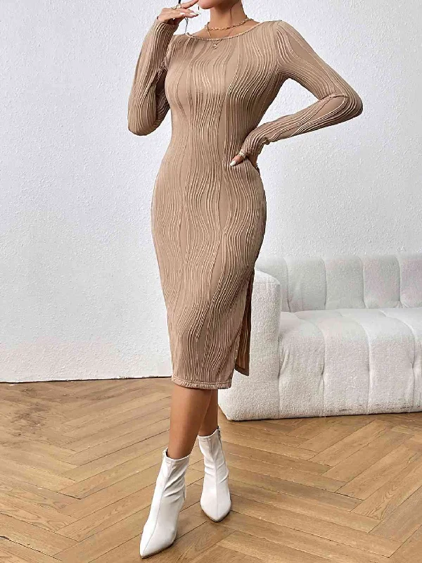 Premium Style Long Sleeve Slit Midi Dress