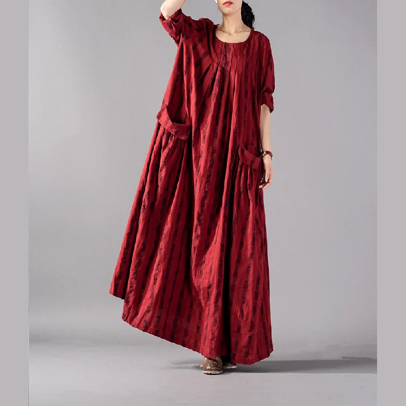 Disco - Inspired Retro Dance Look Elegant red Plaid long oversized o neck baggy linen maxi dress vintage pockets kaftans