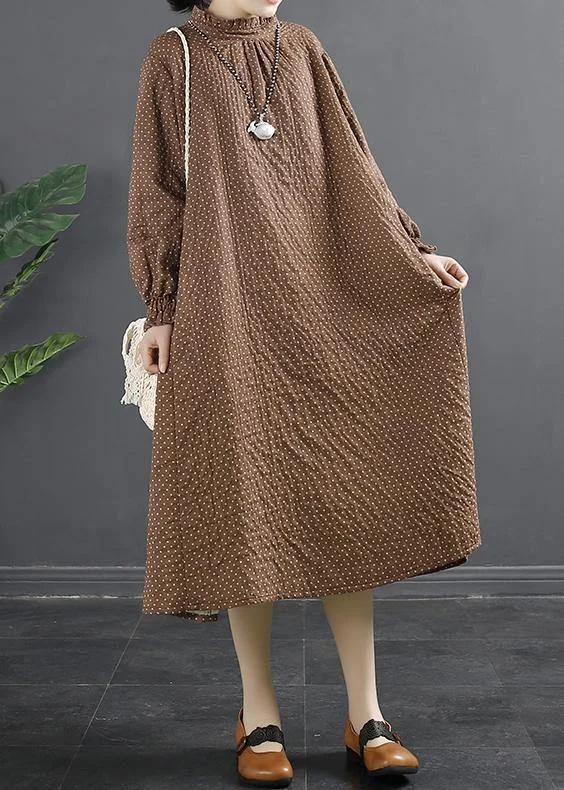 Versatile Wardrobe Essentials Chic Stand Collar Tunic Dress Work Outfits Chocolate Dotted Maxi Dress