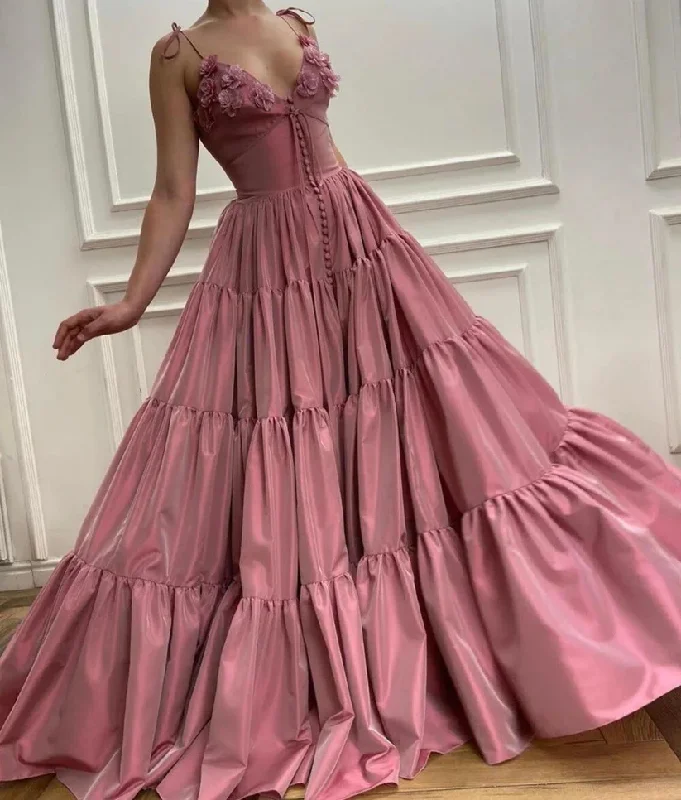 Effortless Style, Endless Impact Long Satin Flowers Evening Dresses Spaghetti Straps V Neck Formal Evening Party Dress  gh2112