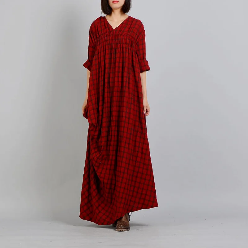 Y2K Nostalgic Fashion Look vintage red Plaid casual v neck dress casual asymmetrical design maxi dresses