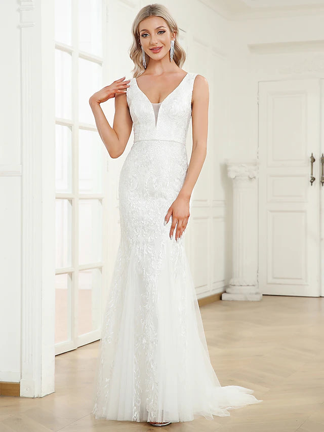 Season Sale Wedding Dresses Sleeveless V Neck Lace With