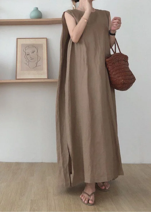 Vibrant Femme Fashion Camel Side Open Cotton Maxi Dresses O Neck Sleeveless