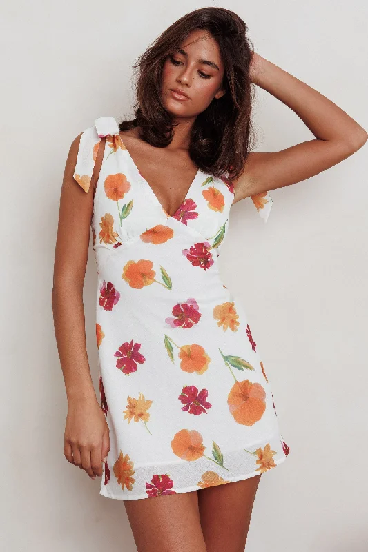 Trendy Street Style Clothing Mykonos Morning Tied Shoulder Mini Dress Flower Orange