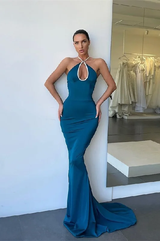 Special Occasion Wear Gorgeous Halter Sleeveless Mermaid Evening Dress Long Keyhole Online gh2046