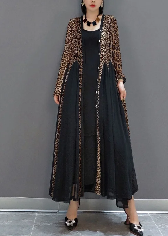 Exclusive Designer Collection Fashion Black Button V Neck Patchwork Leopard Chiffon Maxi Dress Spring