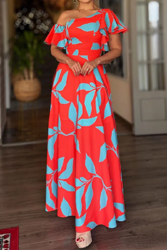 Trendy New Clothes Leaf Print One Shoulder Elegant Ruffles A-Line Midi Dress