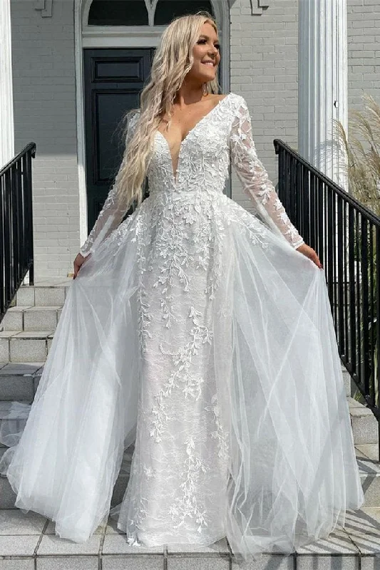 Modern Romance Elegant Mermaid Deep V-neck Appliques Ivory Wedding Dress