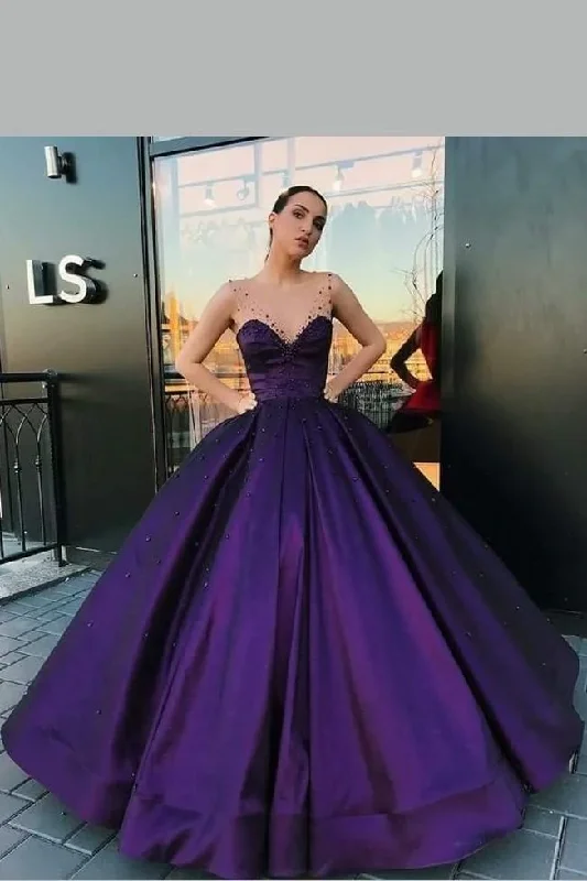 Trend Driven Wardrobe Purple Satin Ball Gown Dinner Party Dress with Illusion Straps,Prom Dresses  gh2195