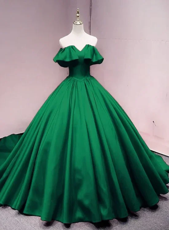 Statement Piece Green Satin Sweetheart Off Shoulder Ball Gown Long Sweet 16 Dress, Green Quinceanera Dress  gh66