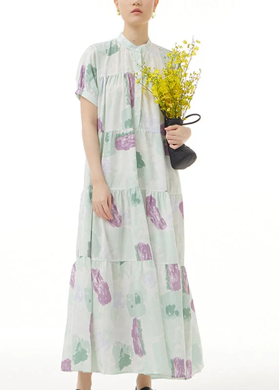 Chic Wardrobe Green Print Button Maxi Dress Short Sleeve