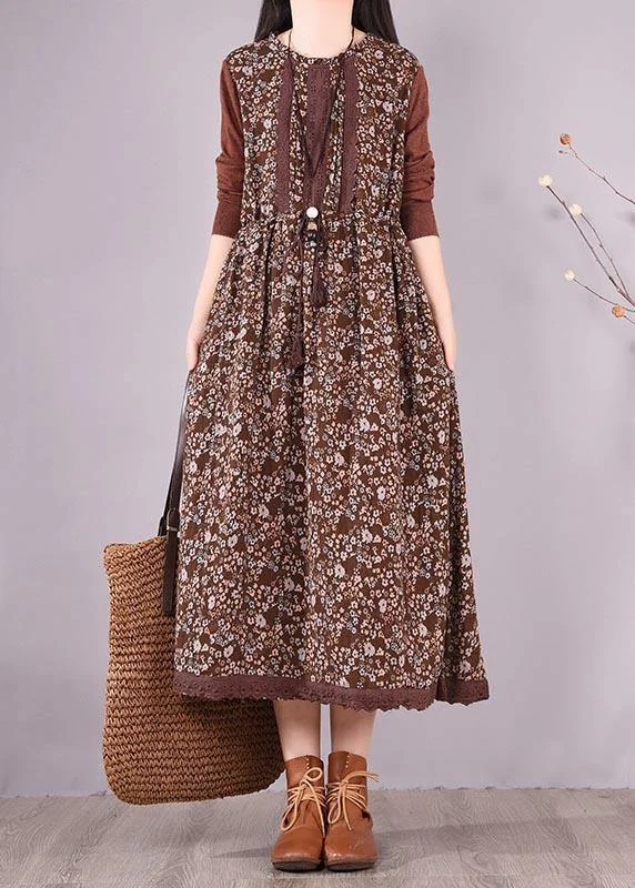 Trend Alert Natural O Neck Lace Spring Clothes Design Chocolate Print Maxi Dress