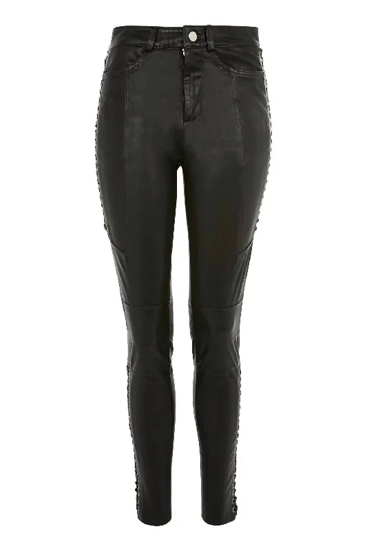 Fashion Forward Lace Up Biker 100% Leather Skinny Pants In Black