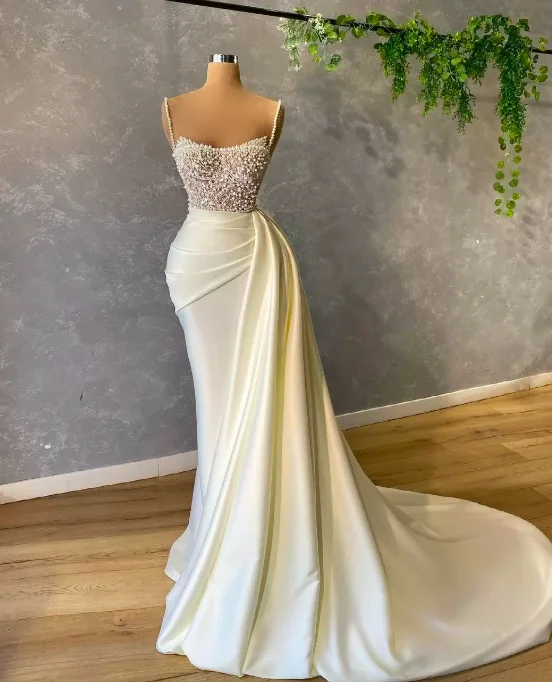 Mega Sale Luxury Pearls Spaghetti Evening Dress Beading Sequins Ruched Prom Gowns Satin Sweep Train Mermaid Party Dresses  gh1912