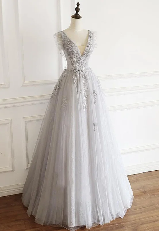 Latest Fashion Gray v neck tulle lace prom gown evening dress M821