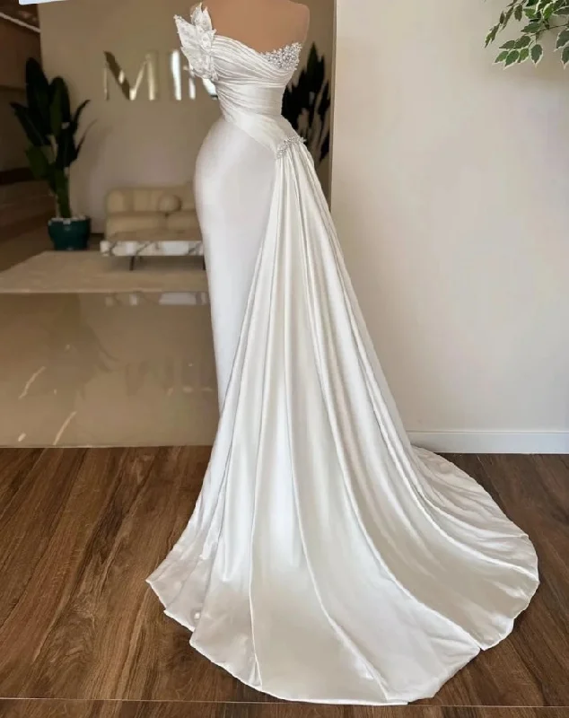 Fresh Styles, Fresh Deals White Satin A-line Wedding Dresses Pearls Sweetheart Neck Dress For Bride Elegant Floor-length Bridal Gown Vestido De Novia