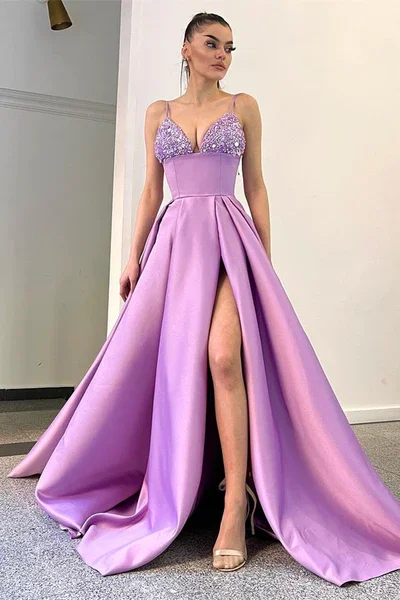 Limited Styles LILAC SPAGHETTI-STRAPS SLEEVELESS PROM DRESS SPLIT LONG WITH SEQUINS  gh2034