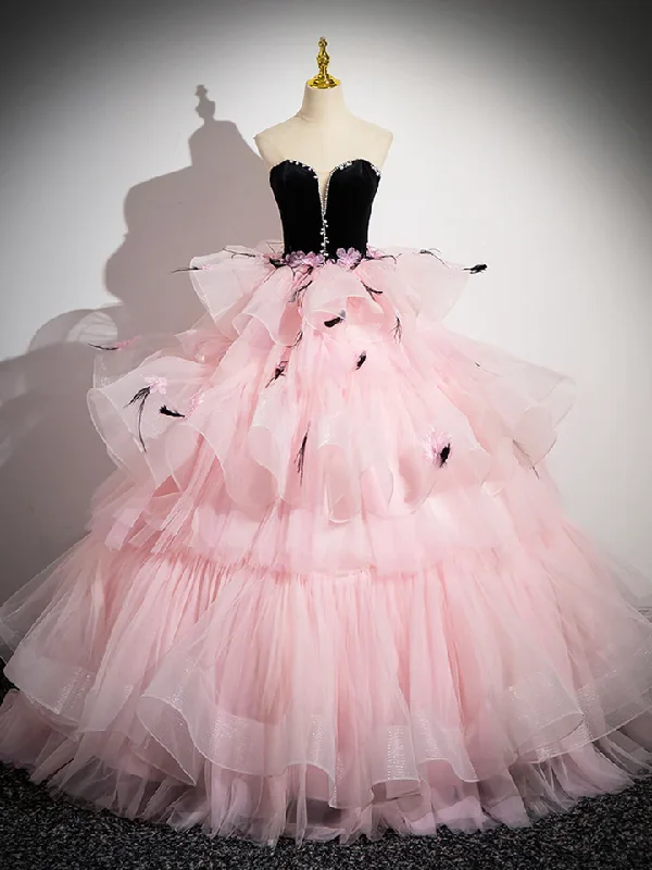 Chic Style, Always In Vogue Pink Tulle and Black Velvet Strapless Party Gown Ruffles Formal Evening Dress MD7188