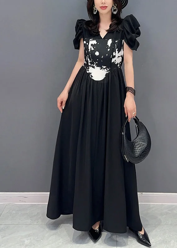 Everyday Basics Boutique Black V Neck Print Elastic Waist Maxi Dress Short Sleeve