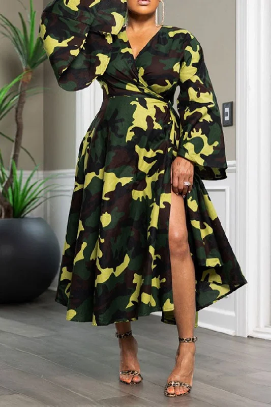 High End Fashion Camouflage Stylish Bell Sleeve Lace-Up Midi Dress