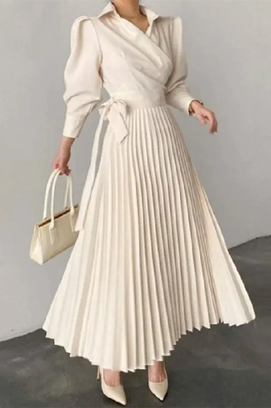 Trendy Street Style Attire Solid Color Commuting Lace-Up Pleated Midi Dress