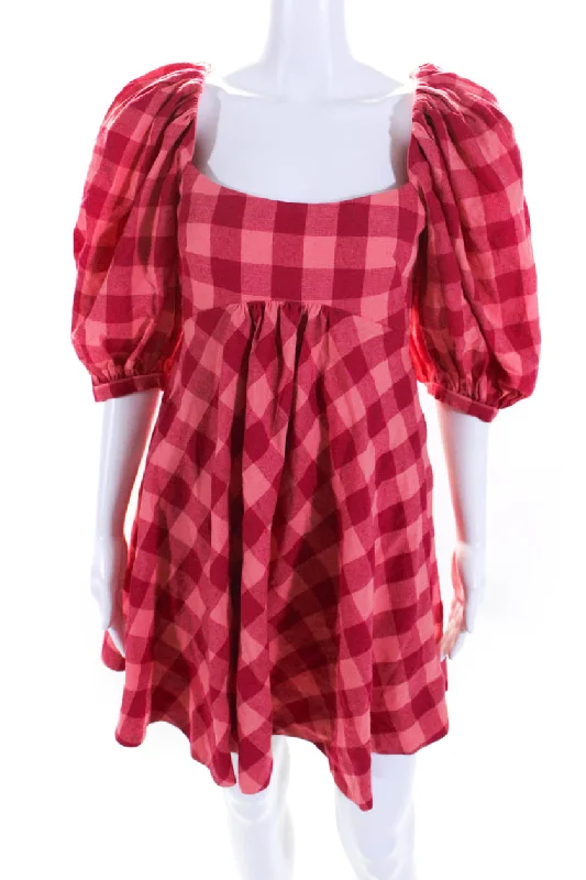 Timeless Elegance Redefined Acler Womens Plaid Short Puffy Sleeves A Line Mini Dress Pink