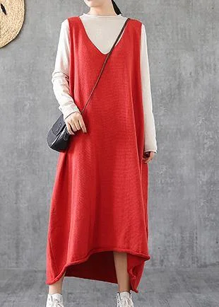 Fashion Essentials Simple red tunic top v neck sleeveless Maxi Dress