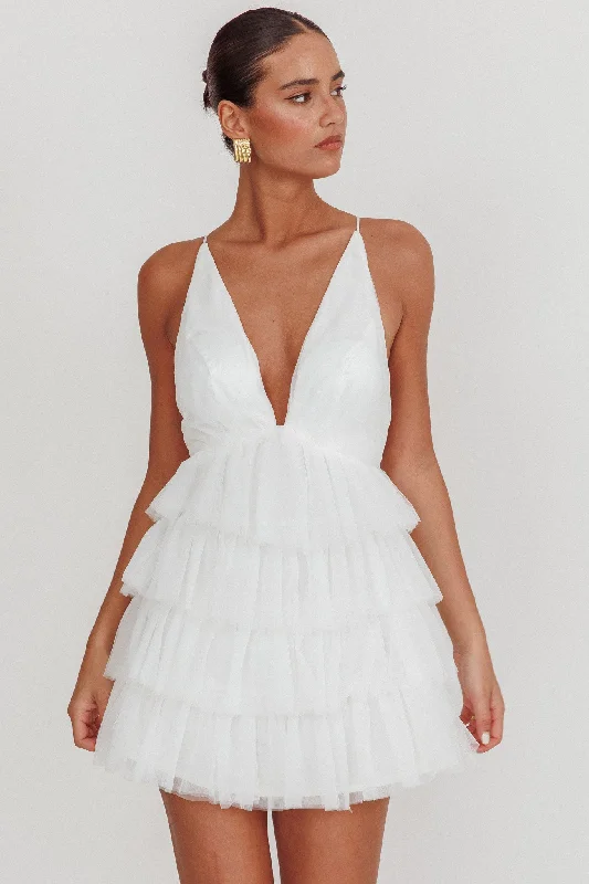 Luxury Style Auguste Tiered Ruffle Tulle Mini Dress White