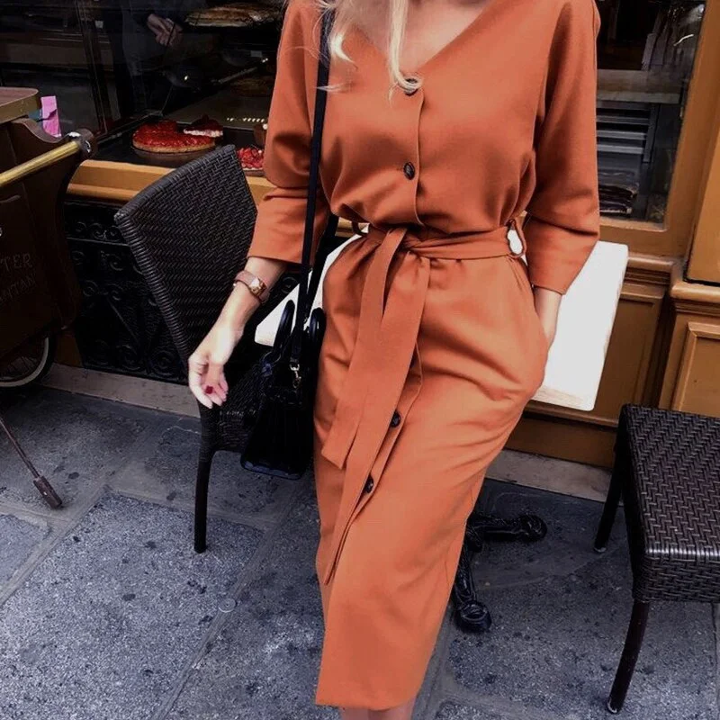 Contemporary Elegance Sexy v Neck Autumn Long Sleeve Women Dress Ladies Sashes Button Casual Office Dress 2019 New Fashion Women Midi Dress Vintage